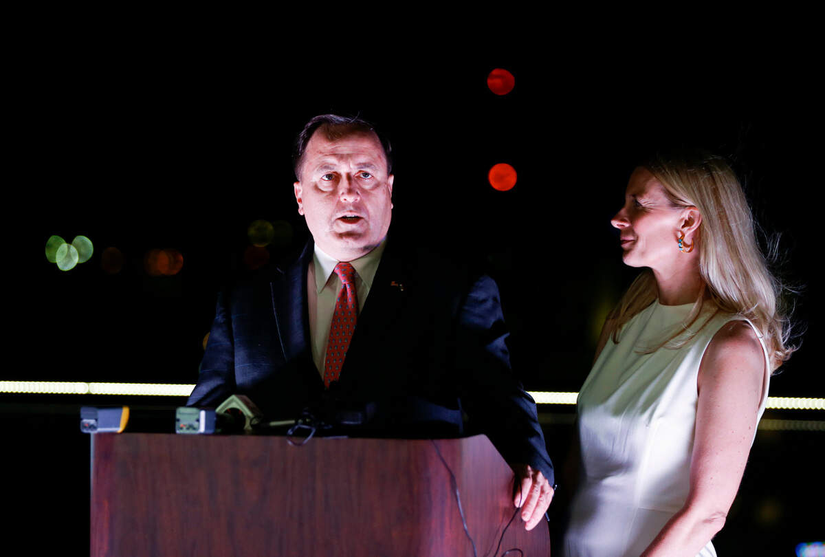 Missouri Republican gubernatorial candidate Jay Ashcroft, flanked by his wife Katie, addresses his supporters and congratulates probable Republican nominee Mike Kehoe during a watch party at the Moxy hotel in Downtown Springfield on Tuesday, Aug 6, 2024.