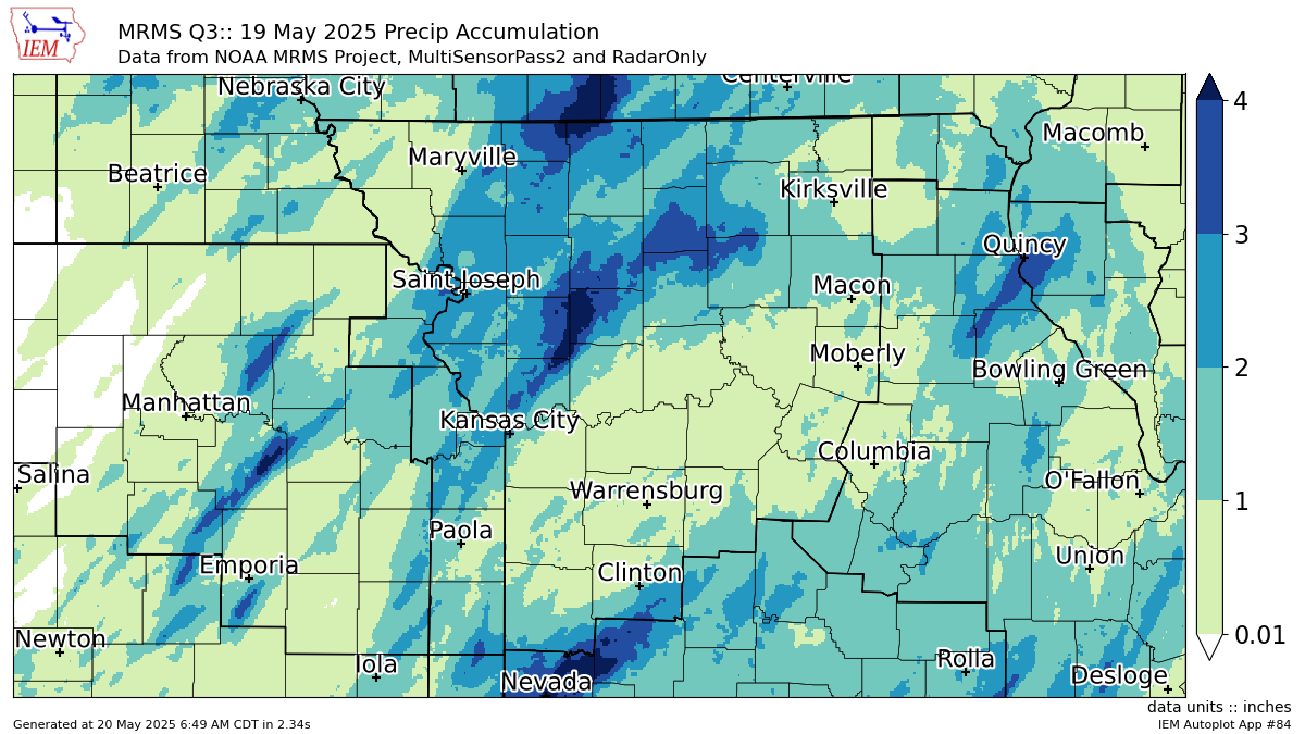 Waves of showers and thunderstorms pushed across the Kansas City area, soaking the metro in several inches of rain. Here’s a look at estimated rainfall totals based on radar from the Iowa Environmental Mesonet at Iowa Sate University.