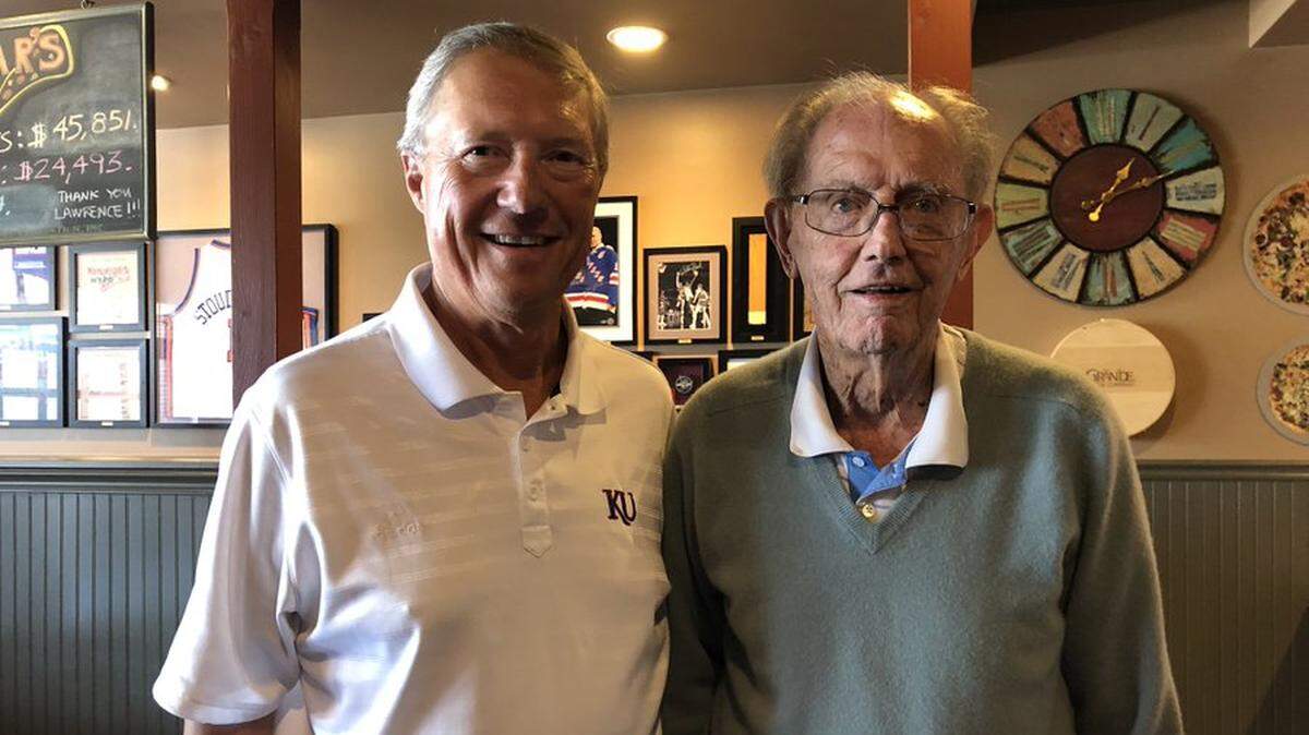 Former Kansas basketball player and assistant coach Jerry Waugh, right, has died at the age of 95. He’s pictured here with Rockhurst University golf coach and former KU associate AD Richard Konzem.
