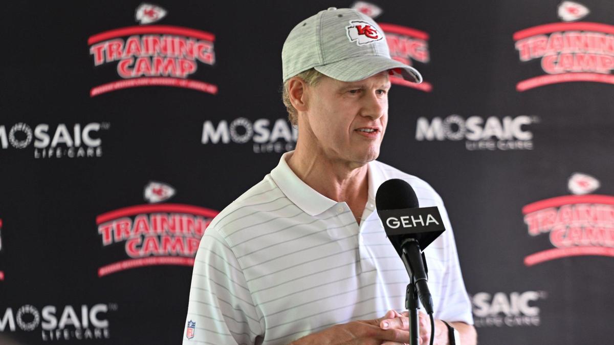 Clark Hunt, Chiefs Chairman and CEO, left, talks to the media during raining camp on Friday, July 29, 2022 at Missouri Western State University, in St. Joseph, Missouri.