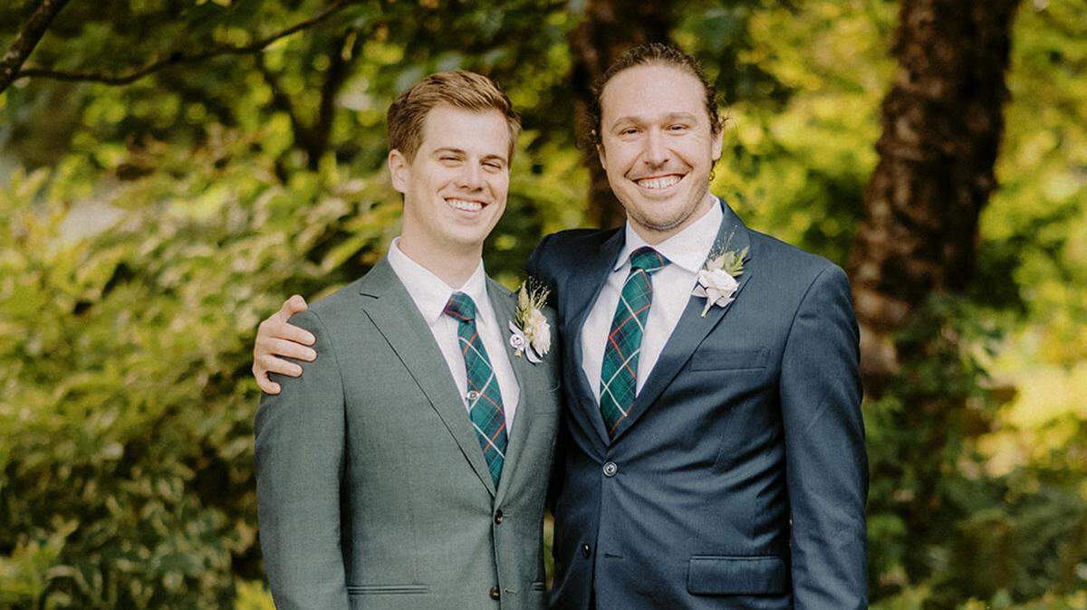 Scott MacDonald (left) is pictured with Nate Hubert at MacDonald’s wedding. Hubert was found safe Friday after having gone missing for a week in southern Missouri.