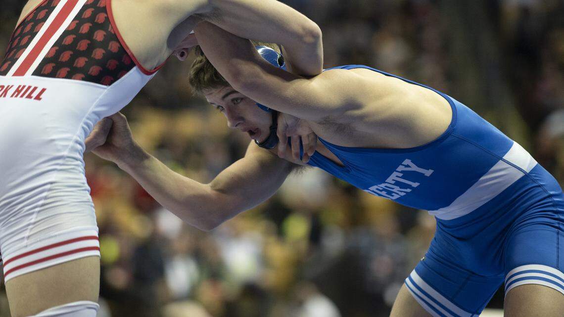 Liberty’s Kyle Dutton competes during the Missouri State Wrestling Championships Saturday at Mizzou Arena in Columbia.