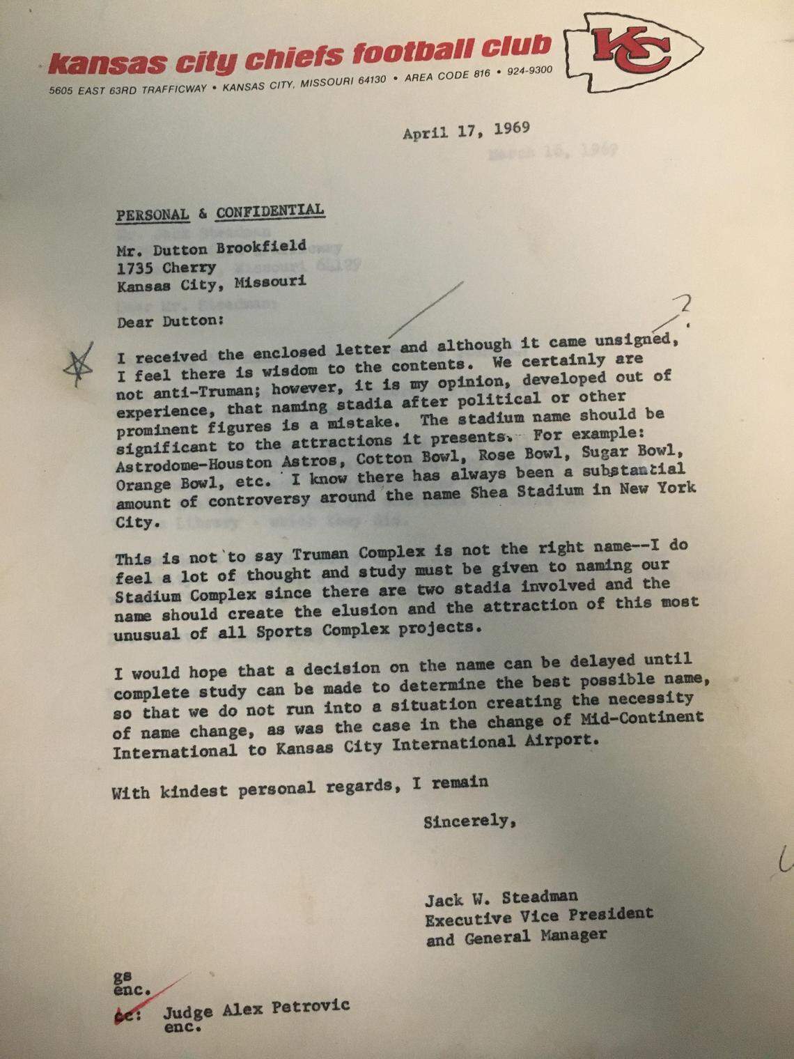 This letter discussing the naming of the Truman Sports Complex is on display at the Harry S. Truman Presidential Library & Museum in Independence as part of an exhibit entitled “United We Play.” The exhibit showcases the former American president’s impact on the Kansas City regional sports scene.