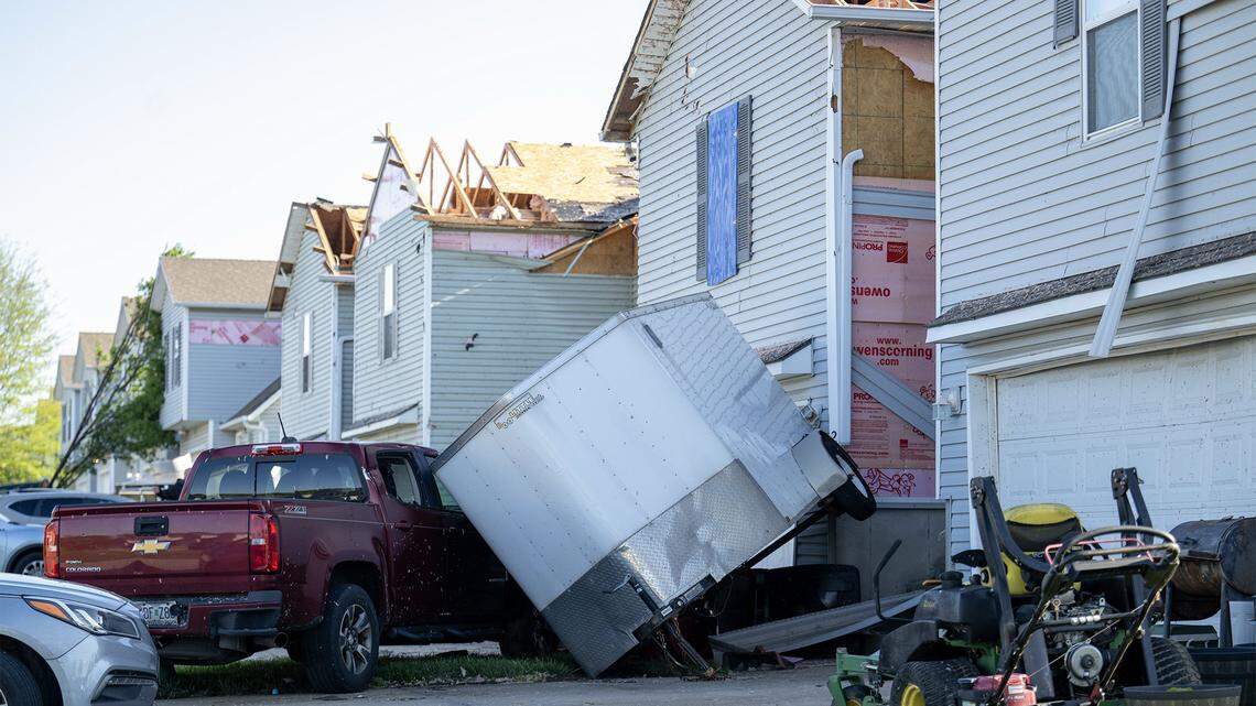 In the wake of a tornado that touched down Friday night near Conti Court and 173rd Street in Belton, the extent of the destruction was visible on Saturday, April 18, 2026. Among the damage was a trailer that had been completely upended and tossed into a nearby driveway.