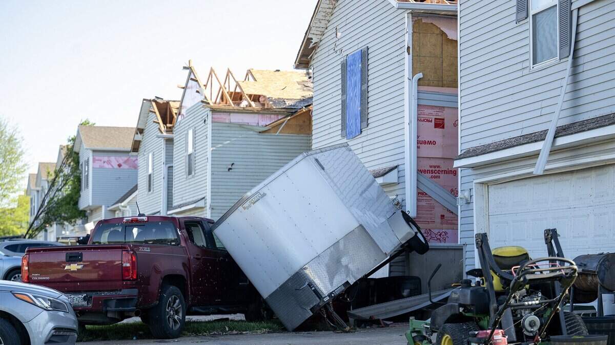 In the wake of a tornado that touched down Friday night near Conti Court and 173rd Street in Belton, the extent of the destruction was visible on Saturday, April 18, 2026. Among the damage was a trailer that had been completely upended and tossed into a nearby driveway.