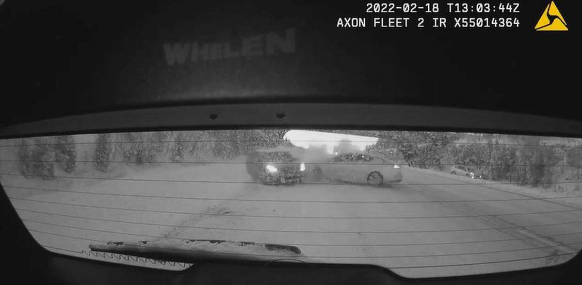 A car slammed into another vehicle before hitting a Bonner Springs Police Department patrol car Friday after a winter storm pounded the Kansas City area with up to nine inches of snow.