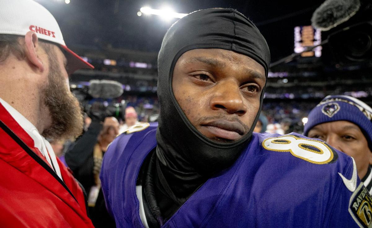 Baltimore Ravens quarterback Lamar Jackson (8) walks off the field after losing 17-10 to the Kansas City Chiefs in the AFC Championship Game on Sunday, Jan. 28, 2024, in Baltimore.