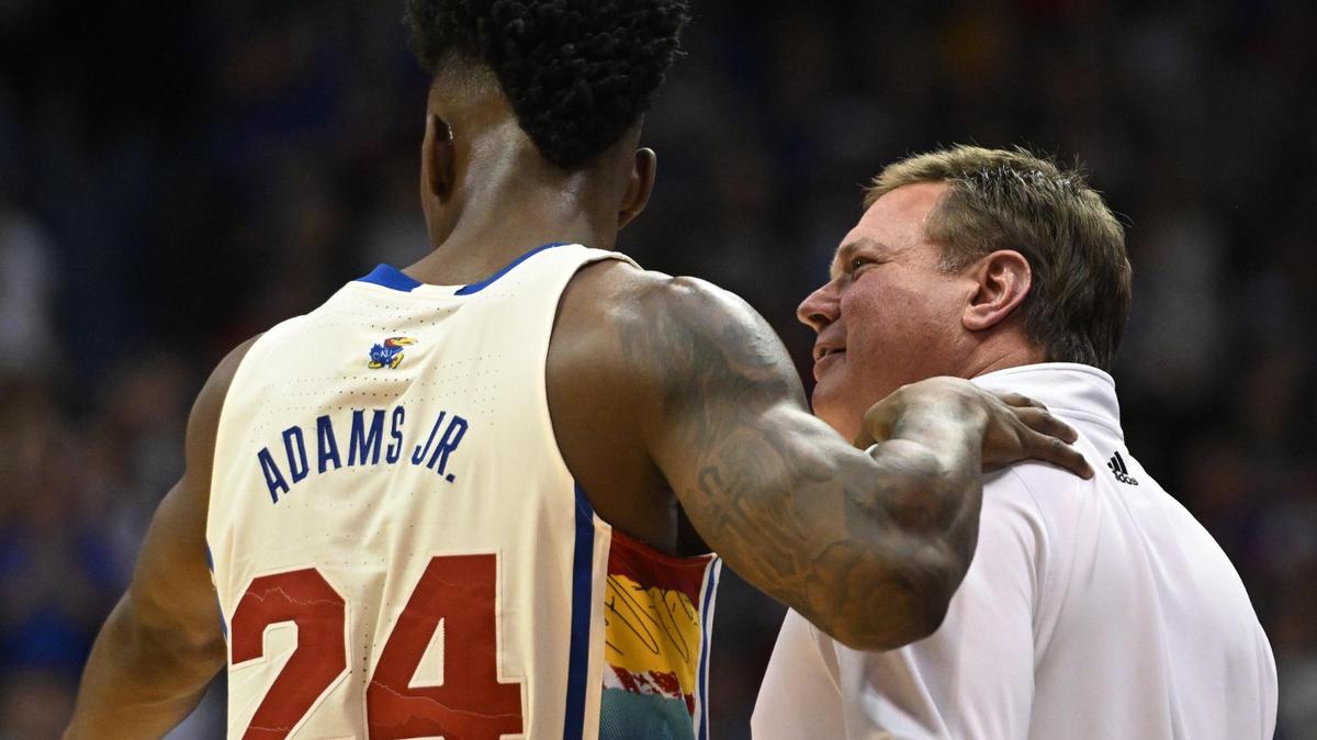 Kansas coach Bill Self chats with KJ Adams during the second half of a Big 12 Conference game vs. Baylor at Allen Fieldhouse. KU won 87-71.