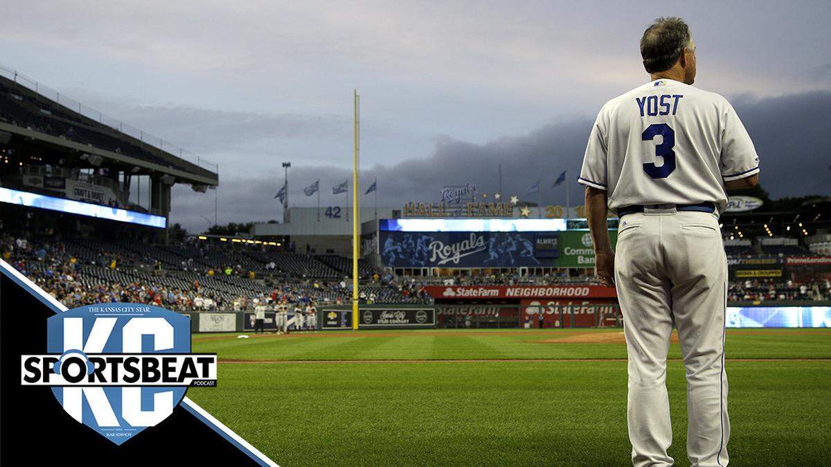 Kansas City Royals manager Ned Yost stands for the national anthem before a baseball game against the Atlanta Braves Tuesday, Sept. 24, 2019, in Kansas City, Mo. Yost announced yesterday that he was retiring at the end of the season. (AP Photo/Charlie Riedel)