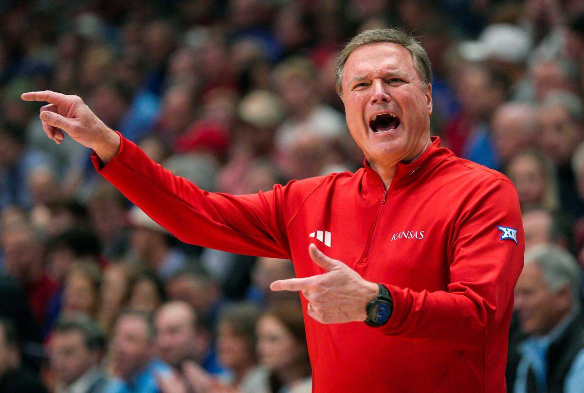 Kansas Jayhawks coach Bill Self lets his feelings be known during a basketball game against Iowa State at Allen Fieldhouse in Lawrence, Kansas, on Monday, Feb. 3, 2025.