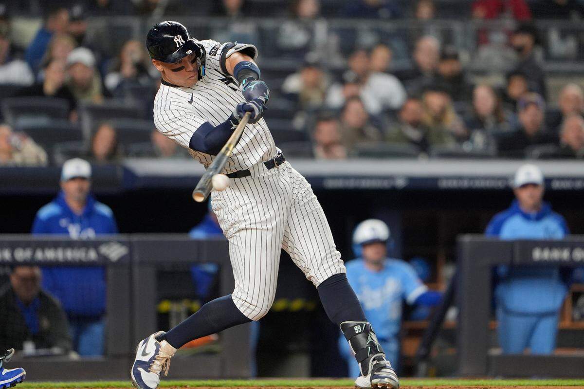 Yankees right fielder Aaron Judge singles against the Kansas City Royals during a Monday, April 14, 2025 Major League Baseball game at Yankee Stadium in New York.