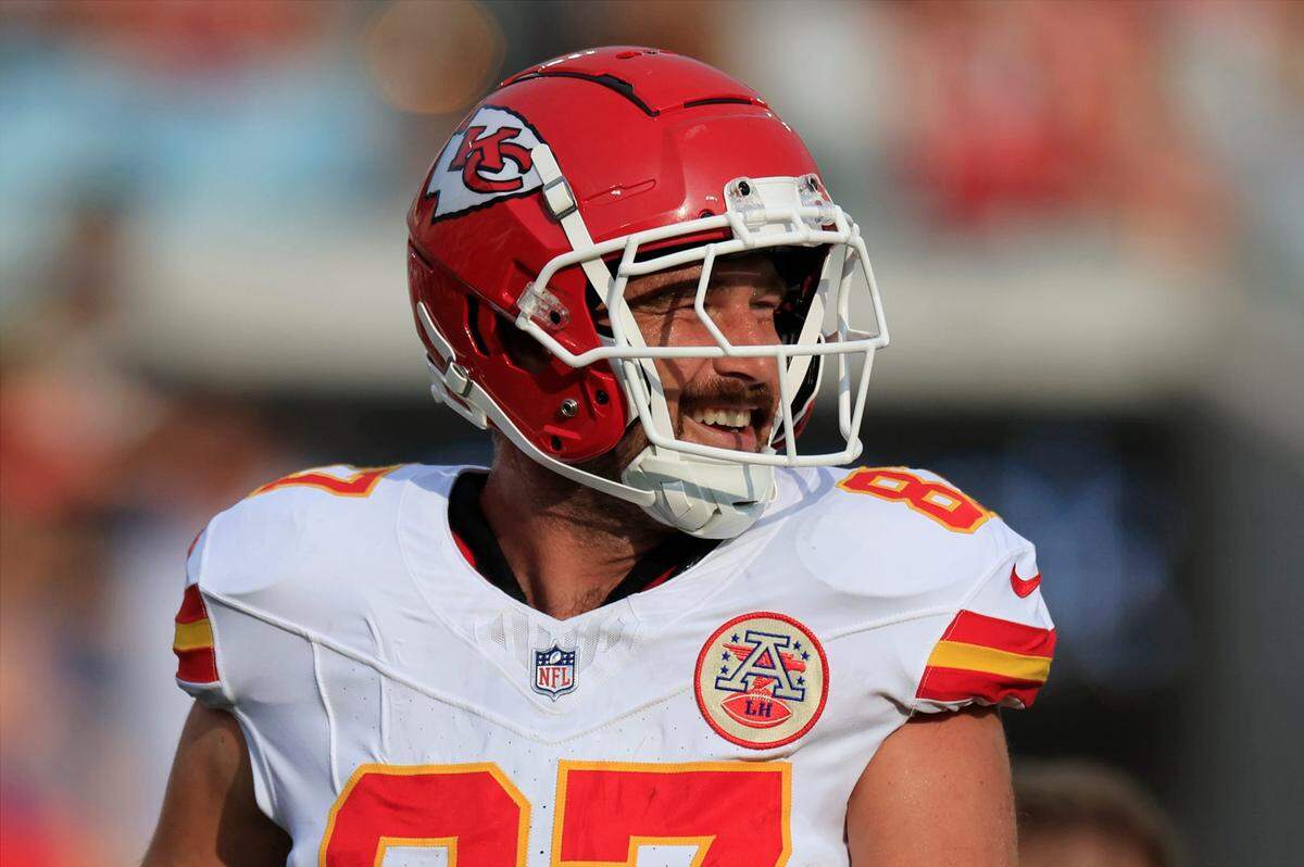 Kansas City Chiefs tight end Travis Kelce (87) smiles before a preseason NFL football game Saturday, Aug. 10, 2024 at EverBank Stadium in Jacksonville, Florida.