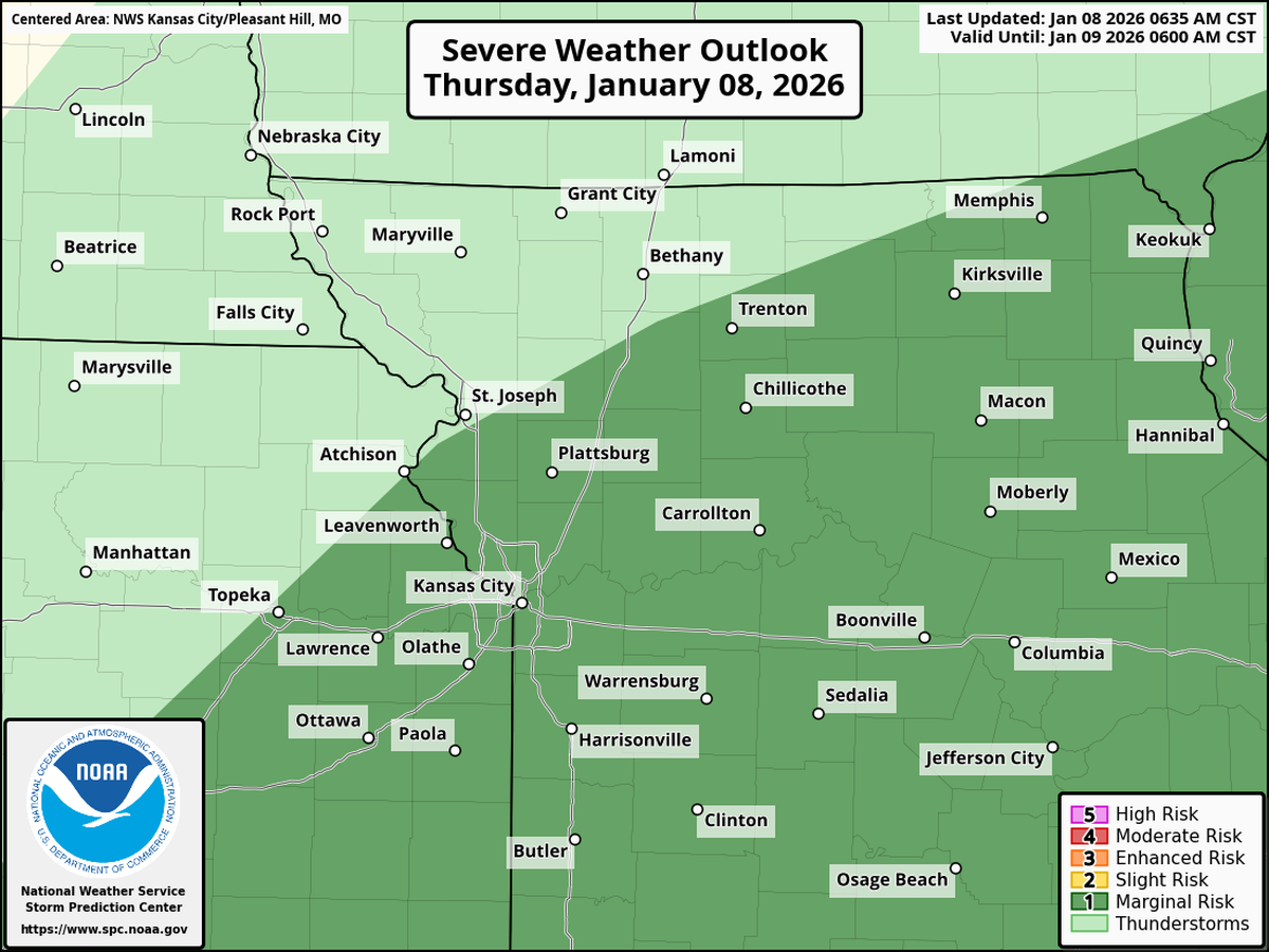 The National Weather Service’s Storm Prediction Center has placed much of Missouri, including the Kansas City metro, under a marginal risk of severe weather on Thursday.