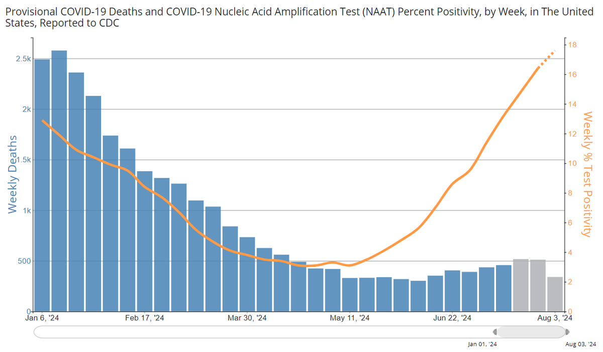 This map from the CDC shows nationwide death rates from COVID-19 (blue bars) remaining relatively low even as weekly test positivity rates for the disease (orange line) have increased significantly during the summer surge of 2024.