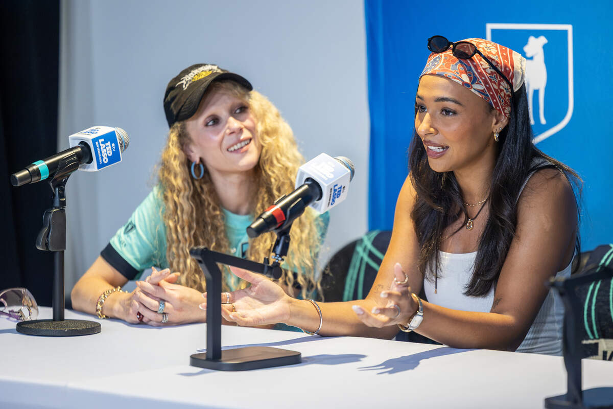Abbie Hern, who plays Gemma on Ted Lasso, speaks at a press conference for Ted Lasso season four at CPKC Stadium in Kansas City on Saturday, July 11.