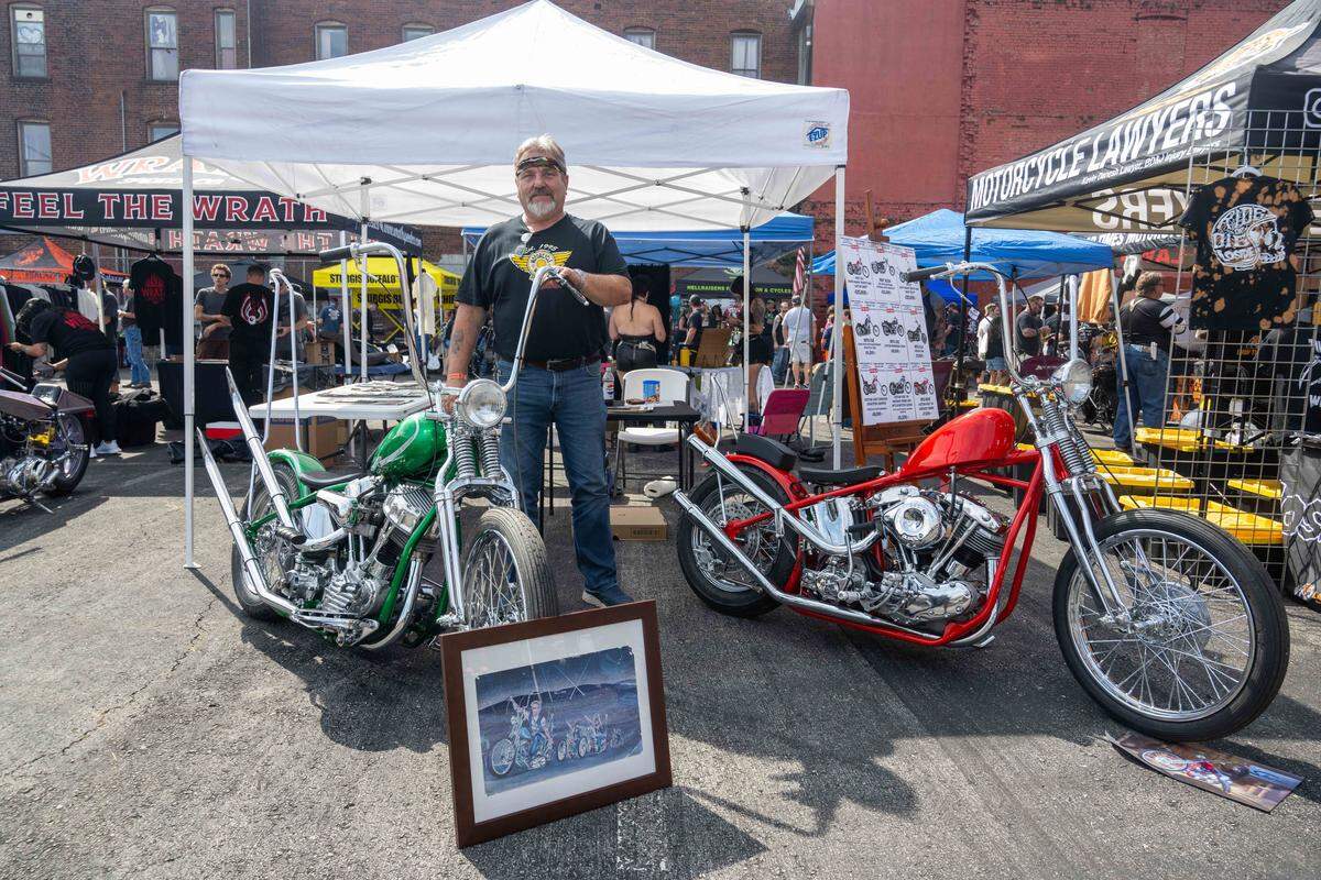 Frank Pedersen shows off his custom motorcycles at The David Mann Chopper Fest. Pedersen copied the design for his bike from one of Mann’s first motorcycle paintings. Bike builders would often copy designs from Mann’s original artworks, and bring them to life.