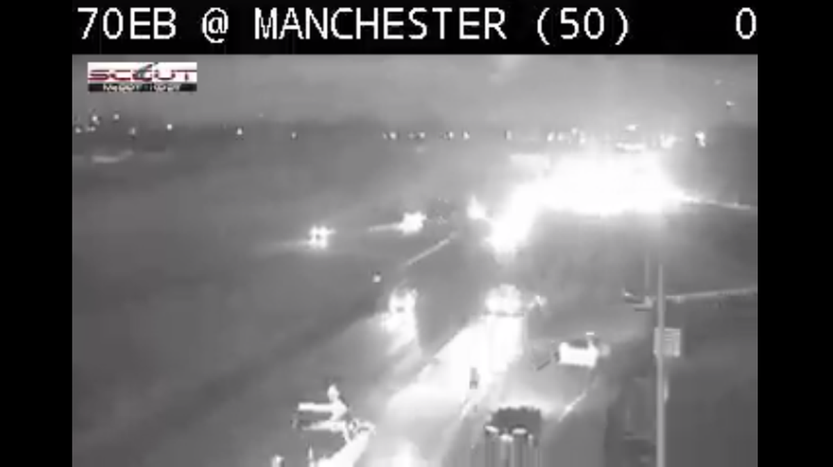 Eastbound lanes of Interstate 70 were shut down Sunday evening at Manchester Trafficway after a crash involving a motorcycle and another vehicle.