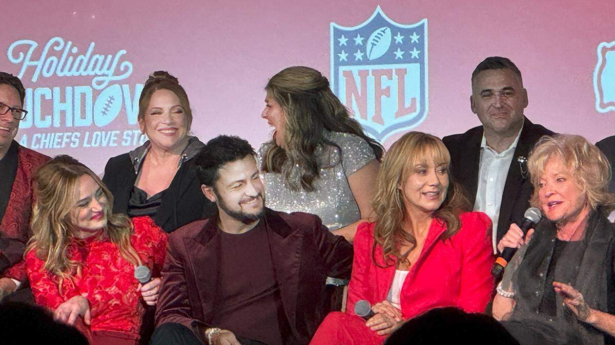 Front row (left to right): Hunter King, Tyler Hynes, Megyn Price, Christine EbersoleBack row (left to right) POSSIBLY INACCURATE IDs: Jason Reed (executive producer), Julie Sherman Wolfe (writer), Samantha DiPippo (Hallmark Media) John Weinbach (Skydance Sports)