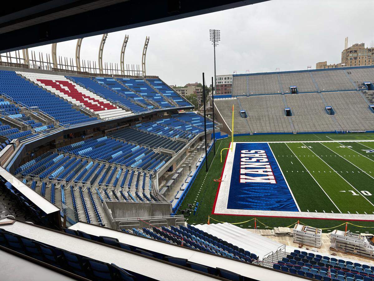A giant "K" is emblazoned on the new seats in a the renovated north end of David Booth Kansas Memorial Stadium. Kansas athletics director Travis Goff called the seats in the old stadium end zone "worst seat in the sport in the old world."