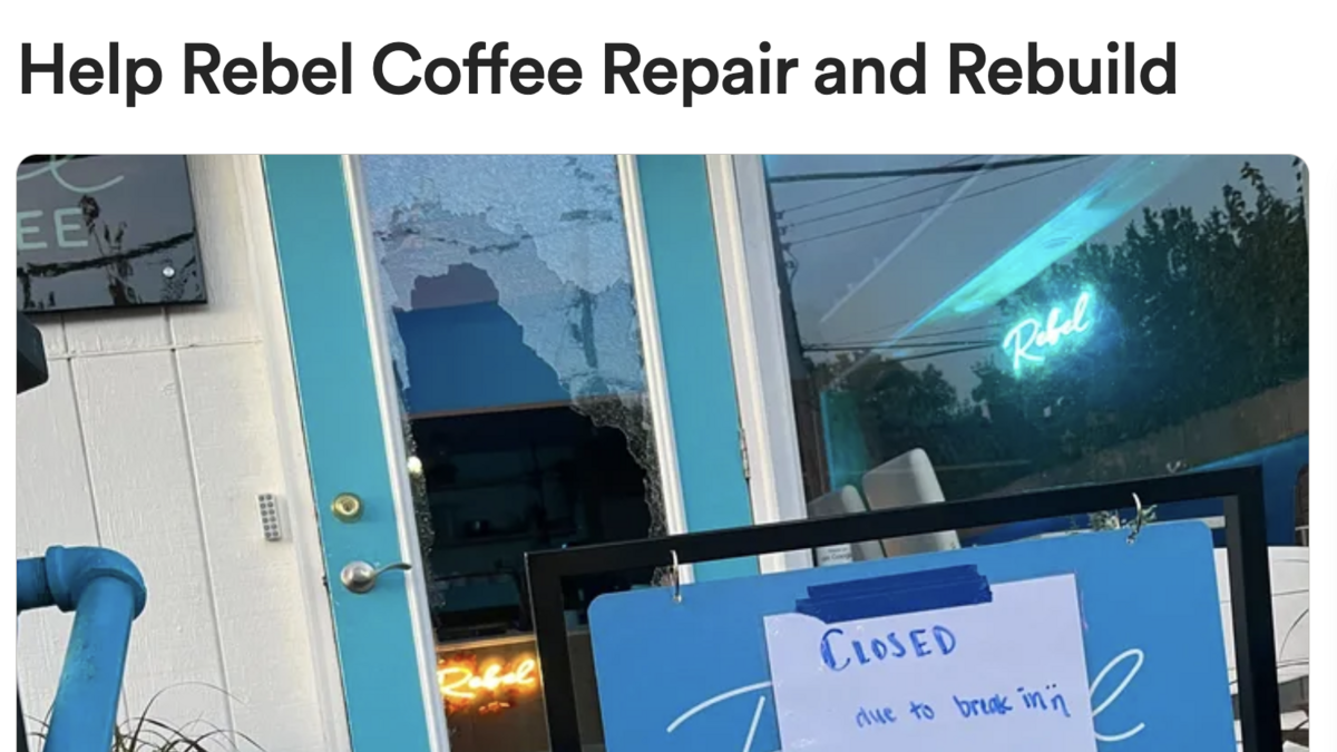 After the front door of Rebel Coffee was smashed during a break-in attempt, the cafe’s owners are hoping to raise $3,000 to install a new door by November.