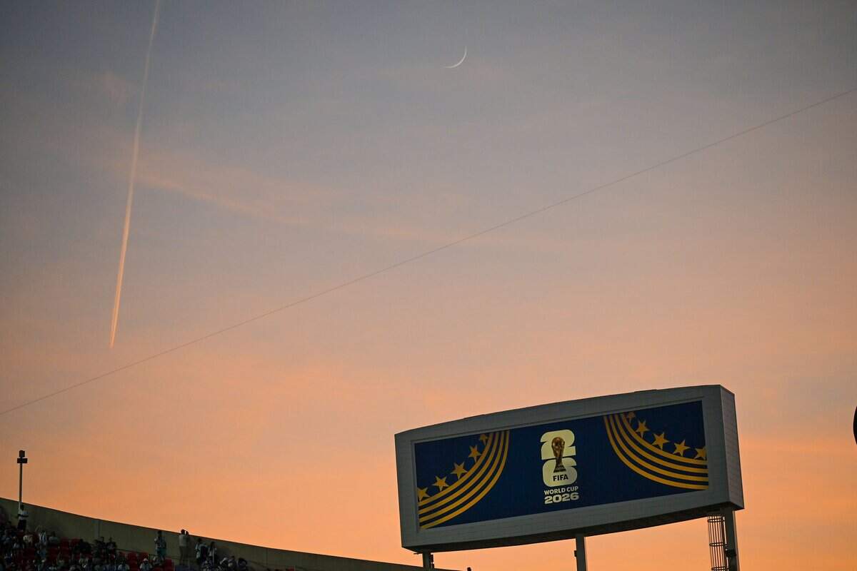 The sun sets over the Argentina vs. Algeria FIFA World Cup group-stage soccer match at Kansas City (Arrowhead) Stadium in Kansas City on Tuesday, June 16, 2026.