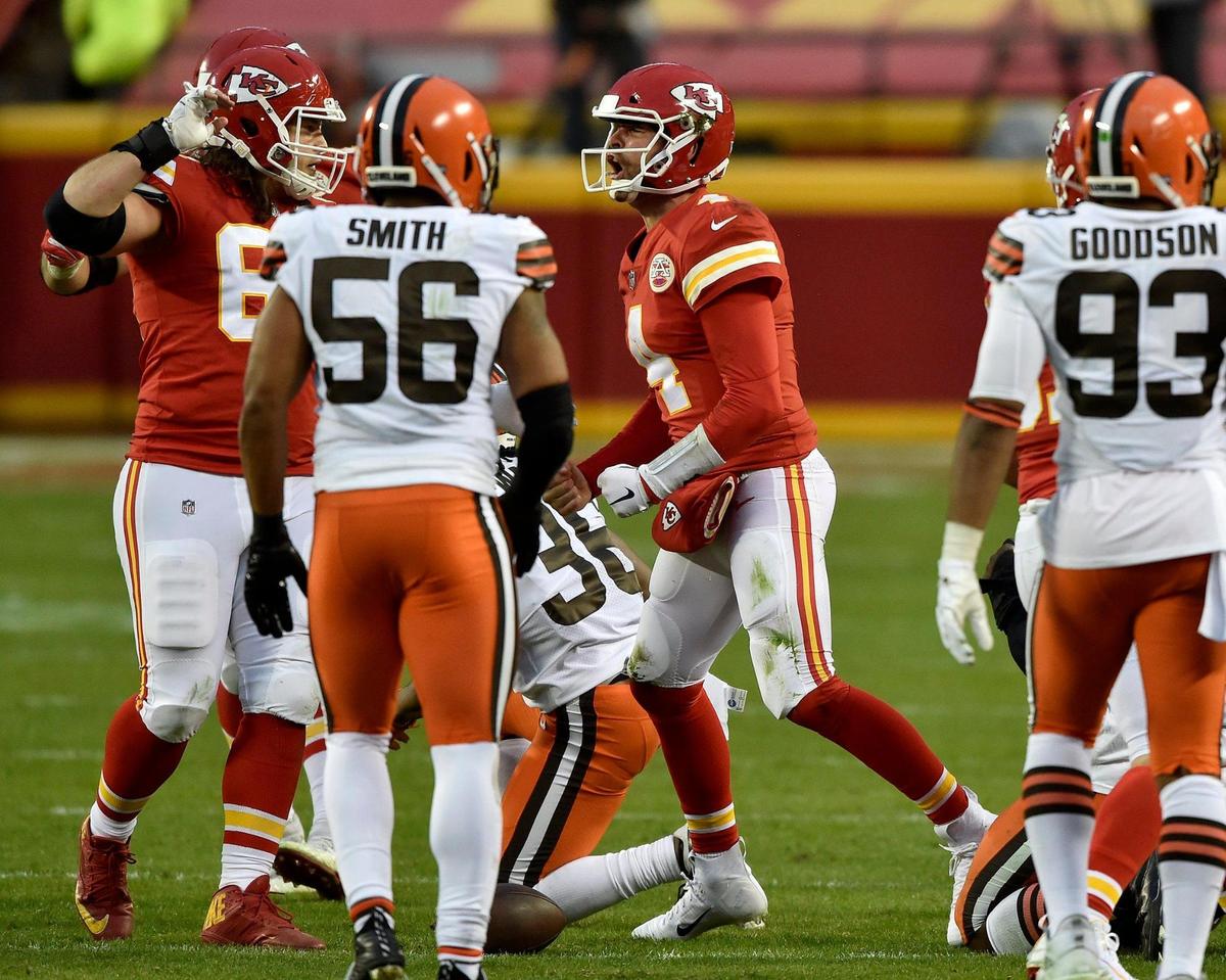 Kansas City Chiefs quarterback Chad Henne celebrates his scramble that was just short of the first down in the fourth quarter of the AFC Divisional Playoff game between the Chiefs and the Cleveland Browns at Arrowhead Stadium Sunday, Jan. 17, 2021. The Chiefs defeated the Browns 22-17.
