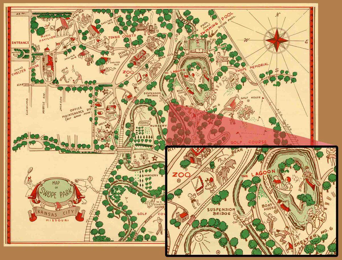 Illustrated map of Swope Park showing baseball being played on the athletic field east of the bridge, 1941.