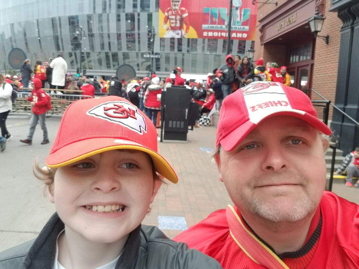 Greyson, 13, and father Randy Stevens have attended the Chiefs’ Super Bowl parades in Kansas City.