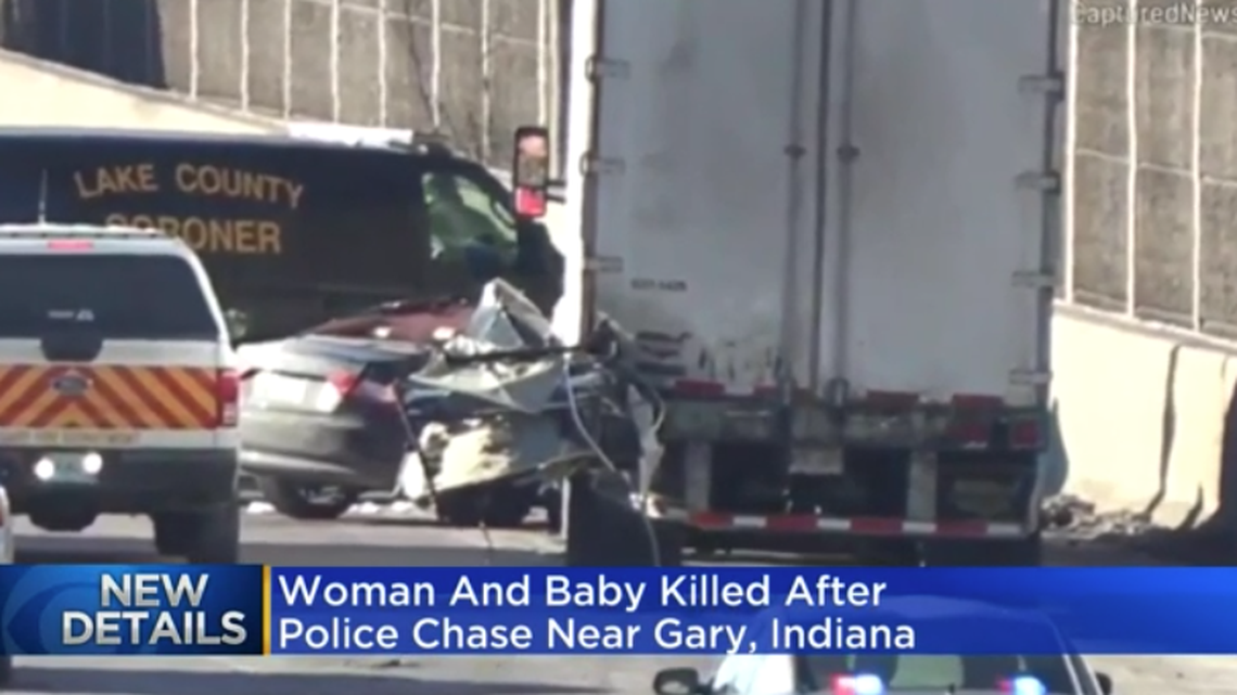 A man was arrested after his girlfriend and baby were killed in a crash during a high-speed chase, cops say.