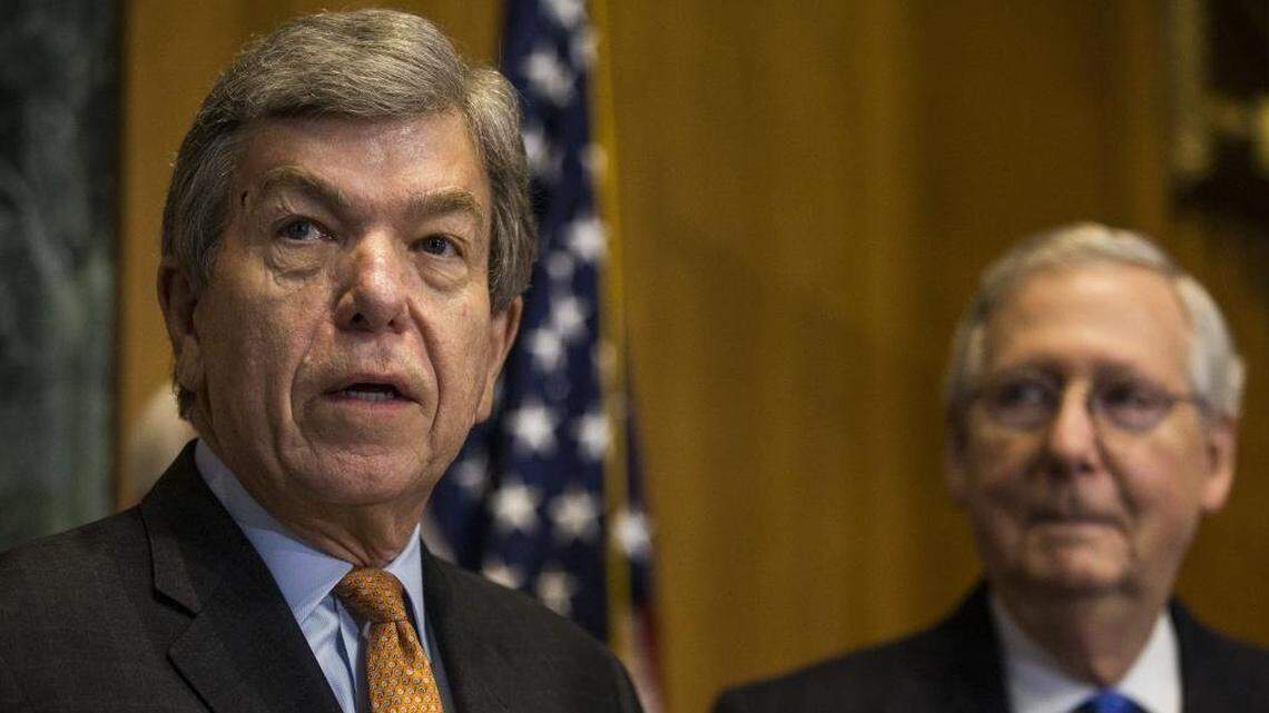 Sen. Roy Blunt (R-Mo.) speaks as Senate Majority Leader Mitch McConnell (R-KY) looks on during a news conference on Capitol Hill.