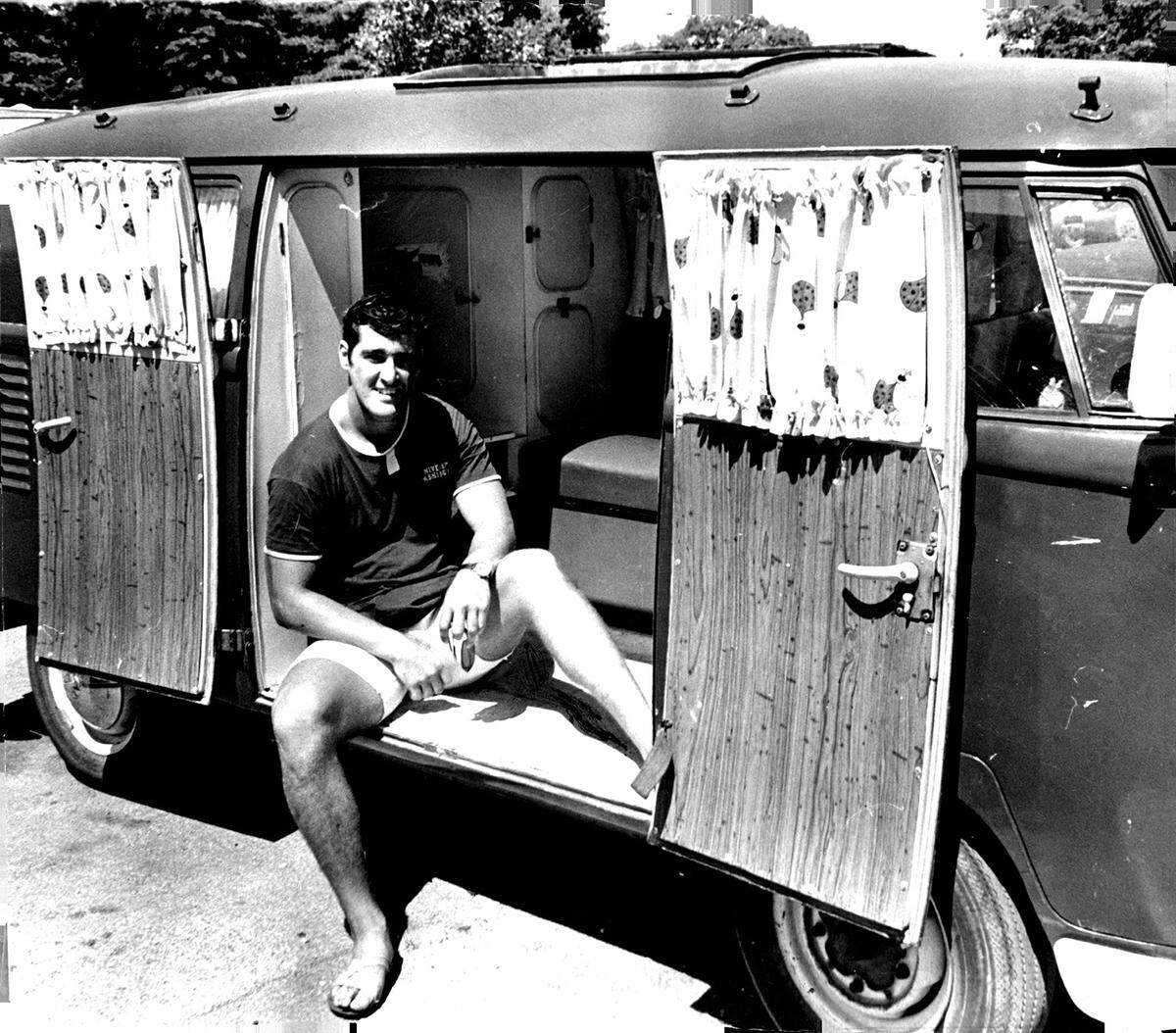 Camper To Camp Bruce Bergey, rookie tight end candidate for the Kansas City Chiefs, relaxes in his camper parked on the William Jewell College campus in 1971. Bergey lived in the camper after driving here from California while waiting for the Chiefs’ training quarters to open.