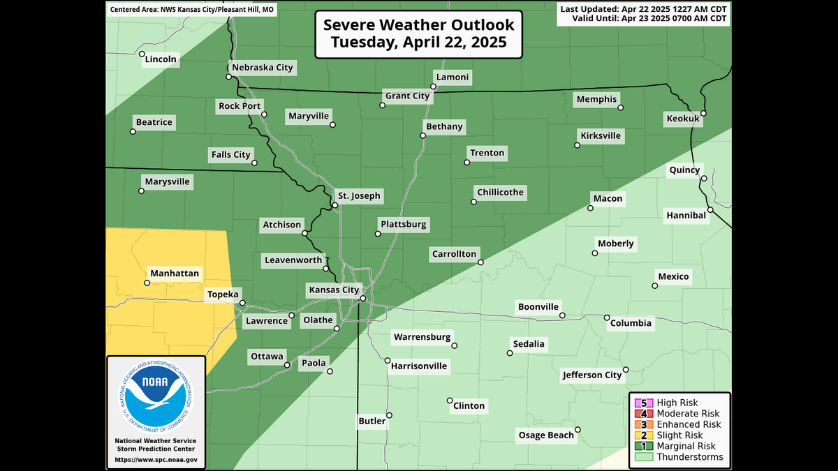 Storms are expected to develop in central to eastern Kansas and move east into Missouri Tuesday, the National Weather Service said. Severe weather is possible, with the strongest storms expected to be over central and eastern Kansas. The storms are expected to lose strength and they approach Missouri.