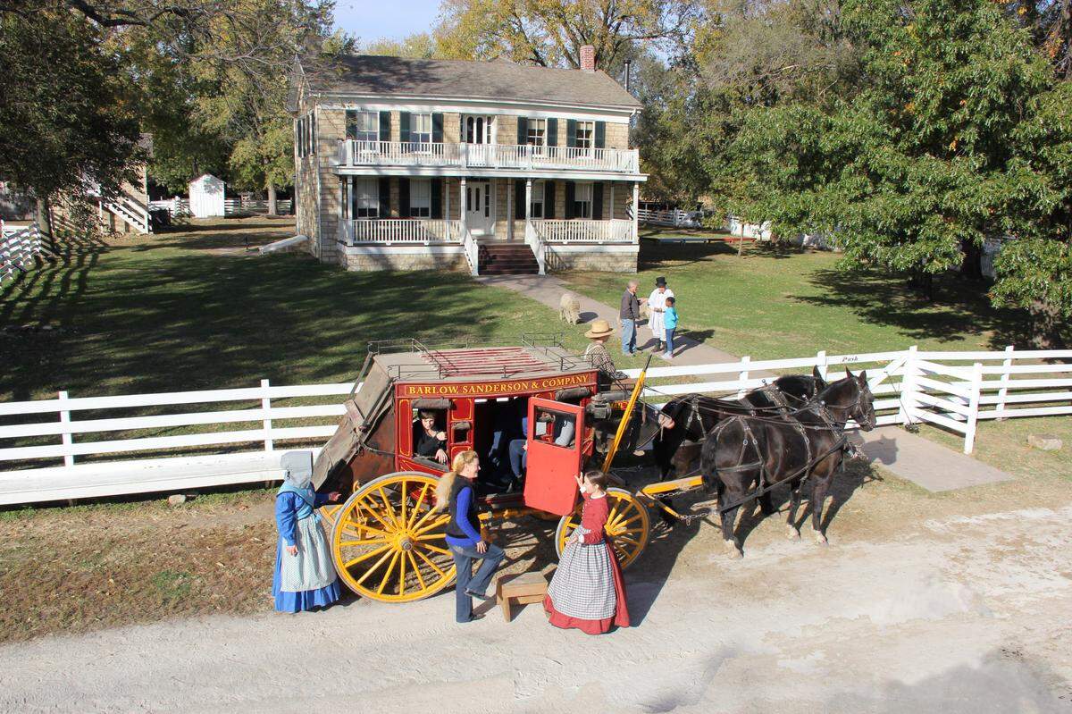 The restored Barlow Sanderson & Company stagecoach, contracted by the Mahaffie family a century and a half ago, carries passengers and delivers mail the way carriages brought it in America’s frontier days