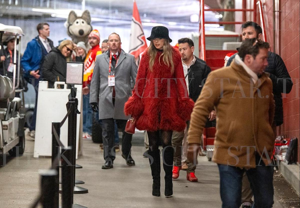 Pop superstar Taylor Swift arrives to watch the Kansas City Chiefs and the Houston Texans at GEHA Field at Arrowhead Stadium on Saturday, Dec. 21, 2024.