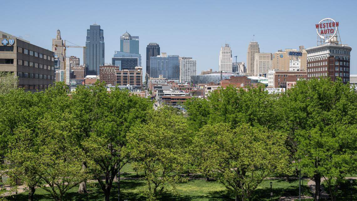 The Kansas City skyline forms a backdrop to Washington Square Park on Tuesday, April 21, 2026.