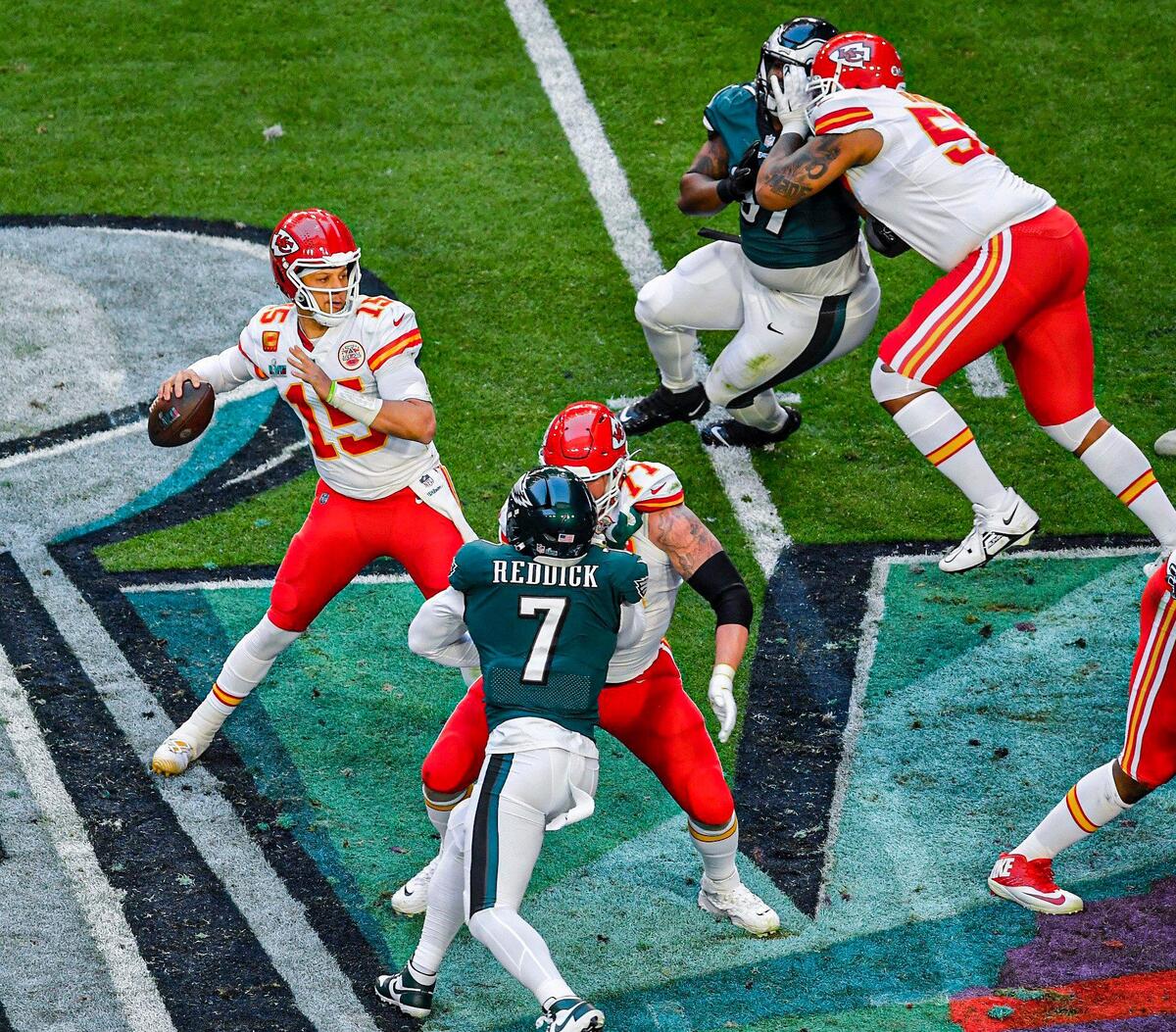 Kansas City Chiefs quarterback Patrick Mahomes looks for a receiver while in the pocket in the second quarter during Super Bowl LVII Sunday, Feb. 12, 2023, in Glendale, Ariz.