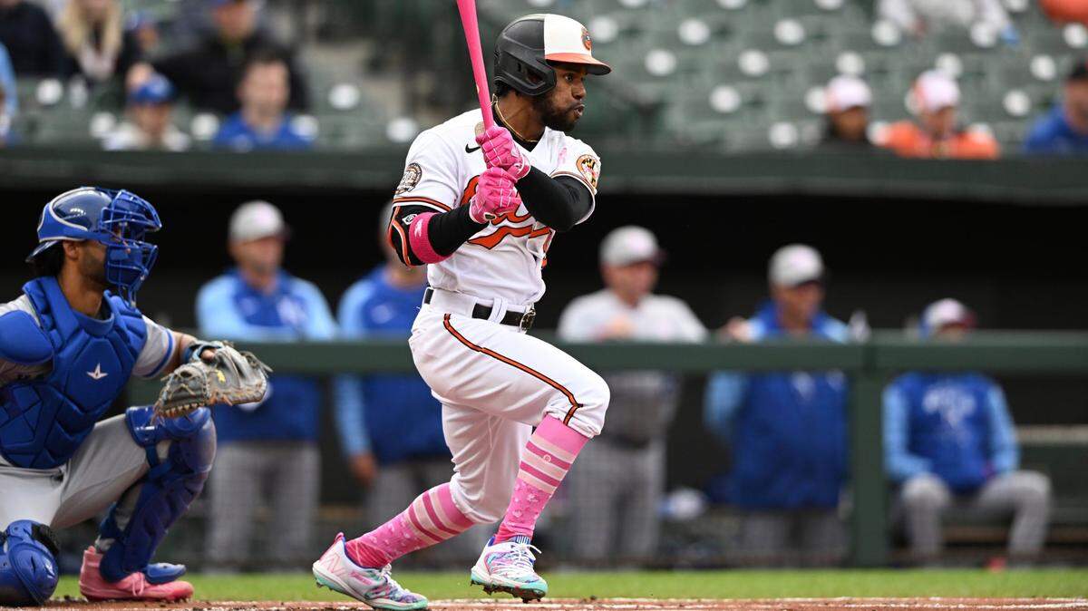 Baltimore’s Cedric Mullins singles off Royals starting pitcher Daniel Lynch in the first inning of the second game of a doubleheader on Sunday at Oriole Park at Camden Yards in Baltimore.