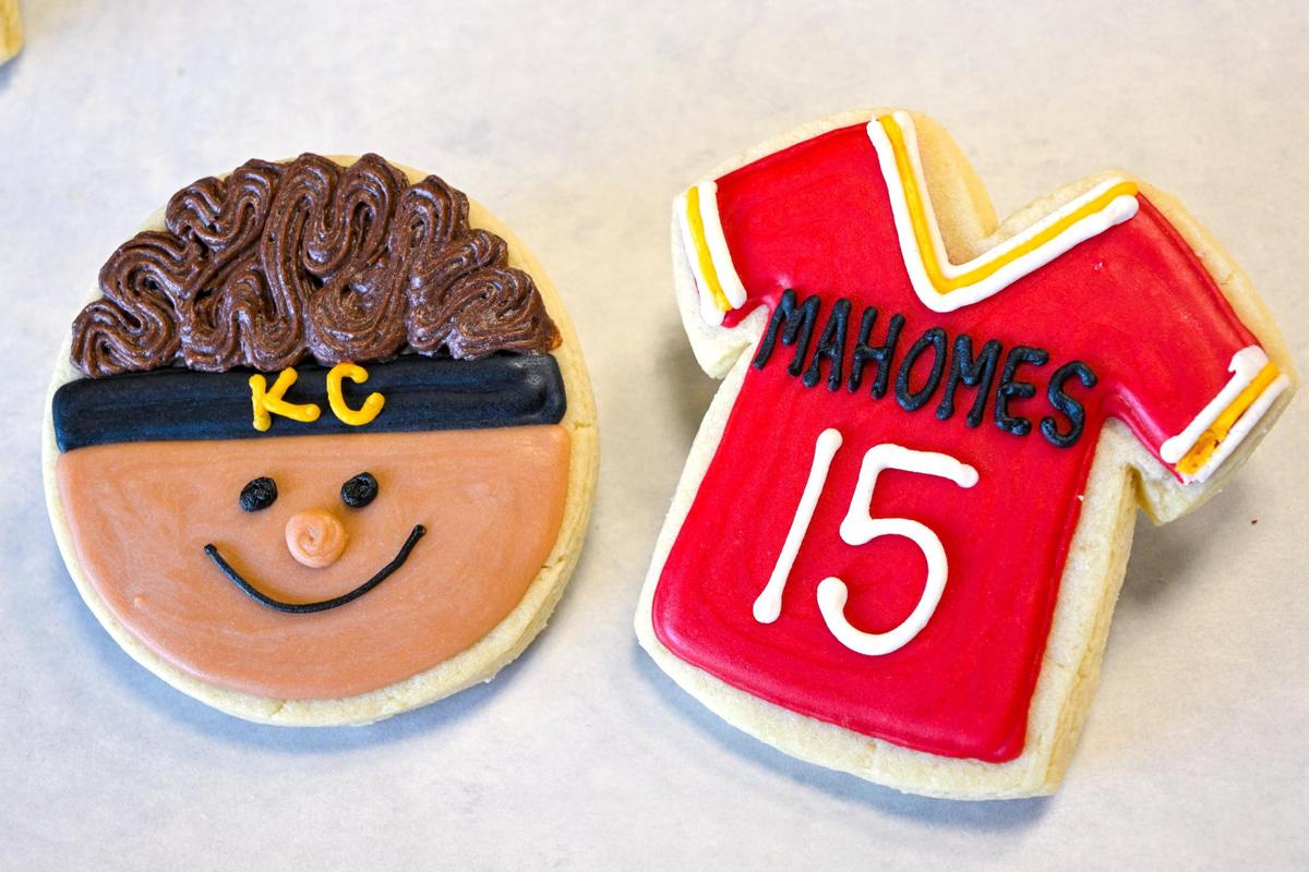 Cookies in the form Chiefs quarterback Patrick Mahomes and his jersey are some of the Chiefs-themed cookies made by Best Regards Bakery & Cafe.