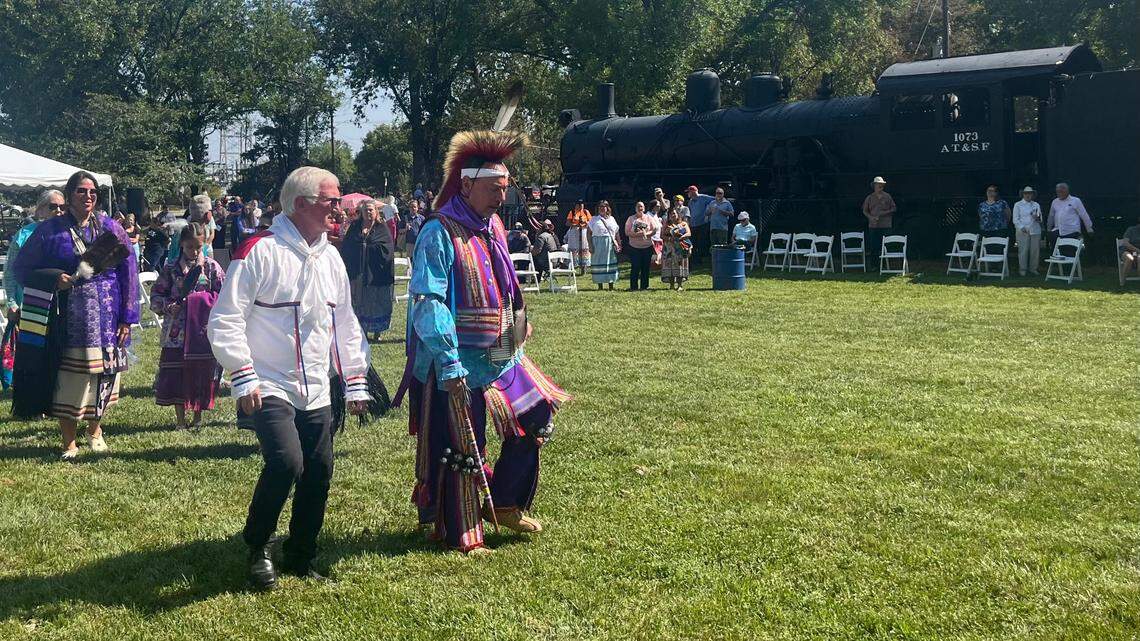Jim Pepper Henry and members of the Kaw Nation dance at an event celebrating the return of the Sacred Red Rock to the Kaw Nation. 