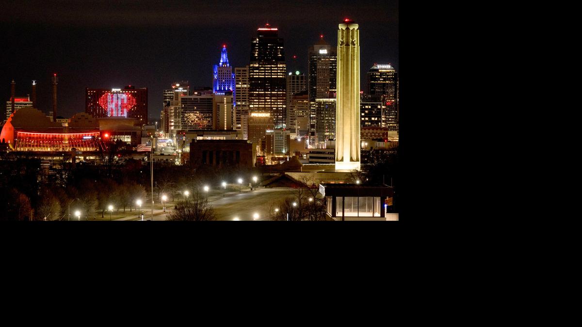 The downtown Marriott Hotel is lit up early Friday morning with a red heart and KC lettering after the Chiefs Super Bowl rally shooting in Kansas City.