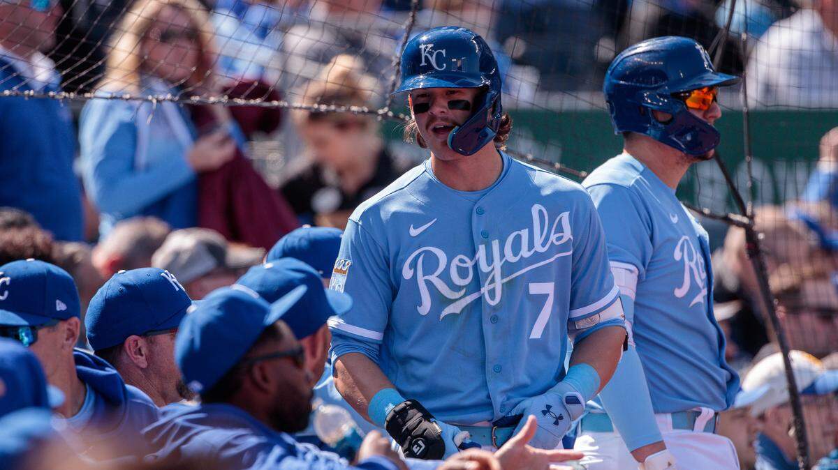 Kansas City Royals shortstop Bobby Witt Jr. (7) stands by the dugout after hitting a home run during the eighth inning against the Toronto Blue Jays at Kauffman Stadium on April 6, 2023.