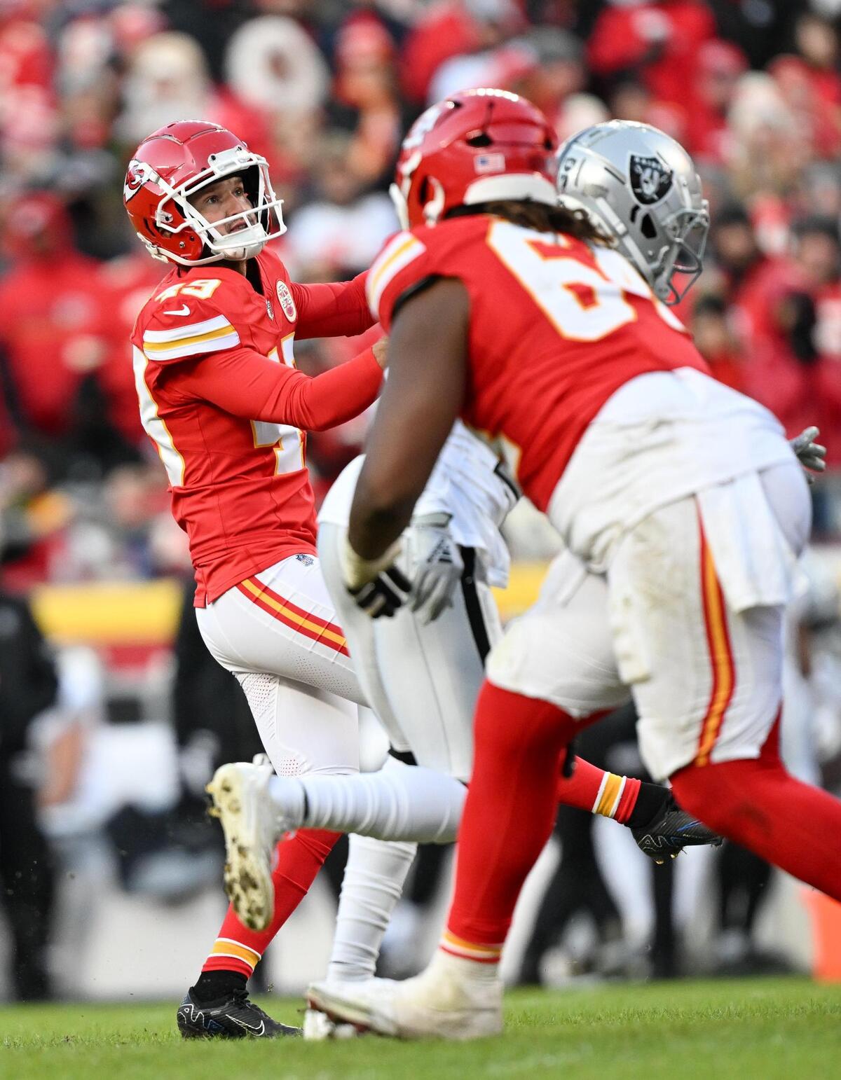 Kansas City Chiefs kicker Matthew Wright watches his field goal kick sail through the uprights in the third quarter against the Las Vegas Raiders on Friday, Nov. 29, 2024, at GEHA Field at Arrowhead Stadium.