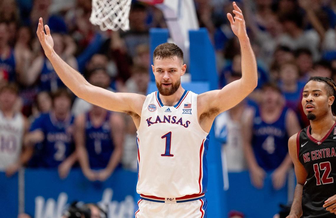 Kansas Jayhawks center Hunter Dickinson (1) celebrates a 3-pointer during an NCAA college basketball game against the North Carolina Central Eagles on Monday, Nov. 6, 2023, at Allen Fieldhouse in Lawrence, Kan.