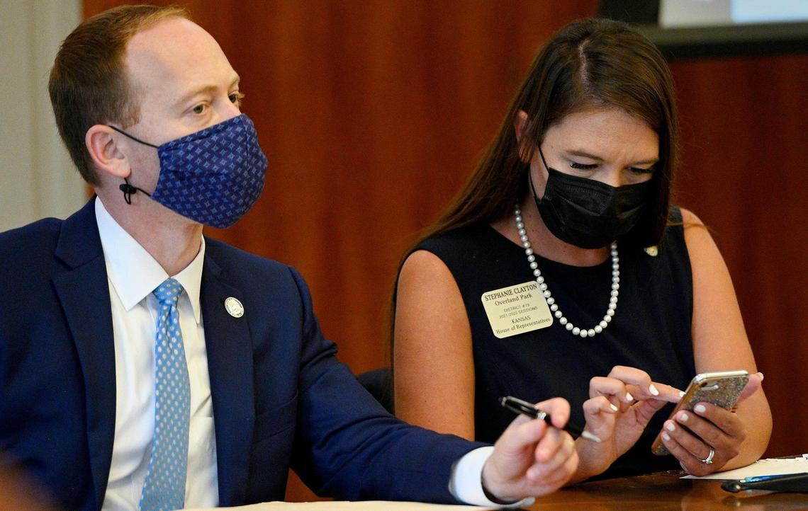 Kansas state senator Ethan Corson and representative Stephanie Clayton, listen to speakers at a redistricting town hall at the Matt Ross Community Center in Overland Park Thursday, Aug. 12, 2021. The legislators scheduled 14 town halls across the state as part of a “listening tour” intended to get public input on the upcoming process of redistricting state and Congressional districts. This was their only Johnson County stop.
