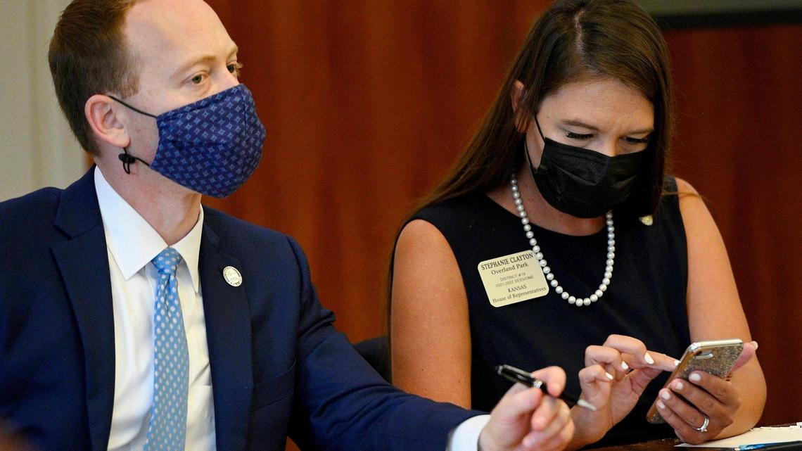 Kansas state senator Ethan Corson and representative Stephanie Clayton, listen to speakers at a redistricting town hall at the Matt Ross Community Center in Overland Park Thursday, Aug. 12, 2021. The legislators scheduled 14 town halls across the state as part of a “listening tour” intended to get public input on the upcoming process of redistricting state and Congressional districts. This was their only Johnson County stop.