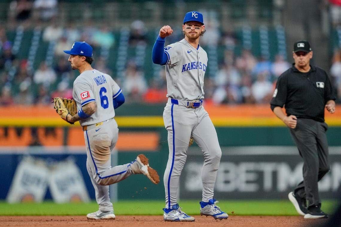 Royals shortstop Bobby Witt Jr. gestures after KC turned a double play against the Tigers at Comerica Park in Detroit on Tuesday, April 14, 2026.