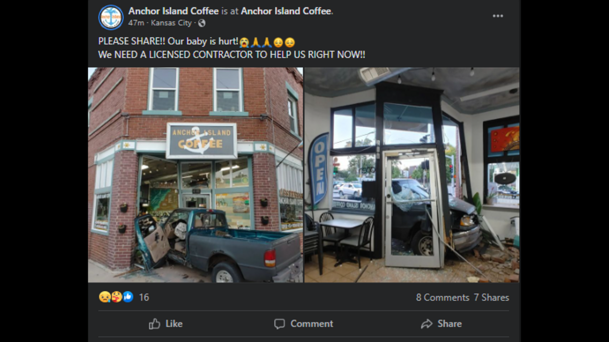 Anchor Island Coffee, at 4010 S. Troost Ave in Kansas City’s Manheim Park neighborhood, was struck by a pickup truck on Tuesday evening. Police said there were no known serious injuries stemming from the crash.