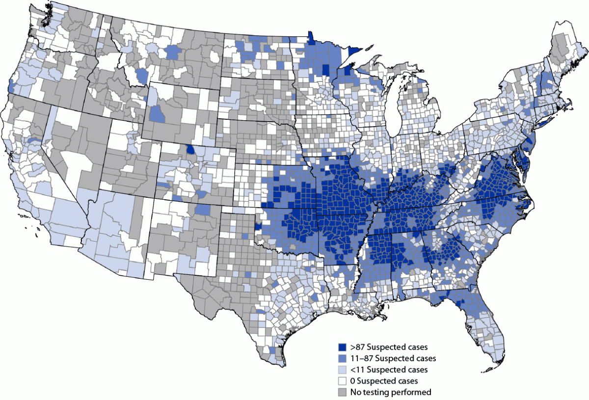 This map shows the geographic distribution of suspected Alpha-gal Syndrome cases per 1 million people per year from 2017–2022.