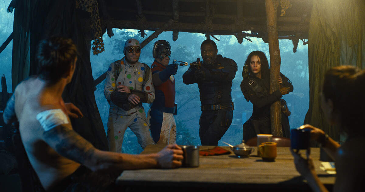 On a mission to a fictional South American island in “The Suicide Squad,” from left: Joel Kinnaman as Colonel Rick Flag, David Dastmalchian as Polka-Dot Man, John Cena as Peacemaker, Idris Elba as Bloodsport and Daniela Melchior as Ratcatcher 2.