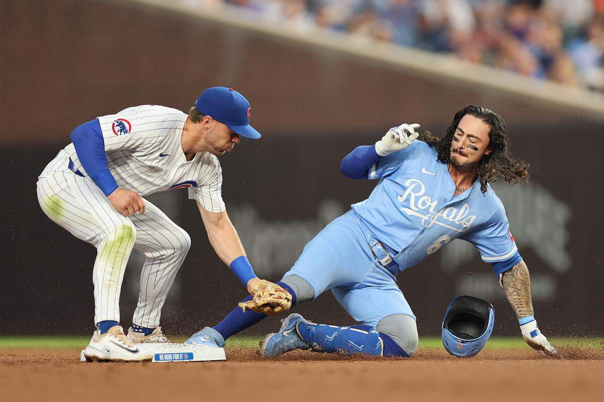 Jonathan India #6 of the Kansas City Royals safely reaches second base after hitting a two-RBI double against the Chicago Cubs during the fifth inning at Wrigley Field on July 21, 2025 in Chicago, Illinois.